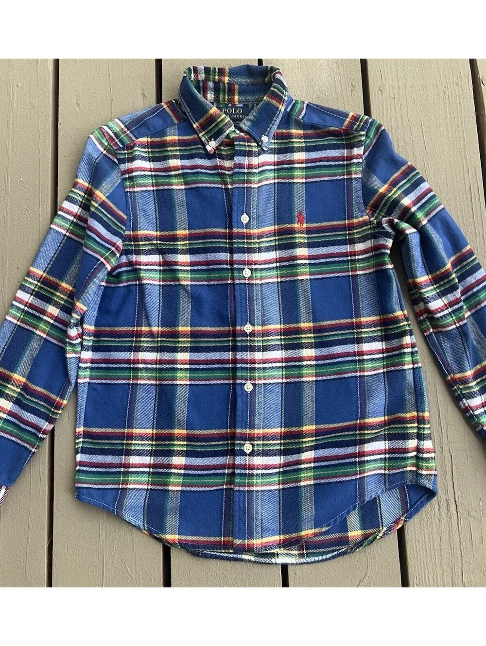 Polo Ralph Lauren Flannel Shirt Boys 10-12 Blue Plaid Long Sleeve